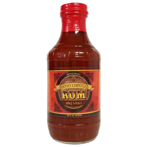 Bottle of Honey Chipotle Rum BBQ Sauce with a red label on a white background