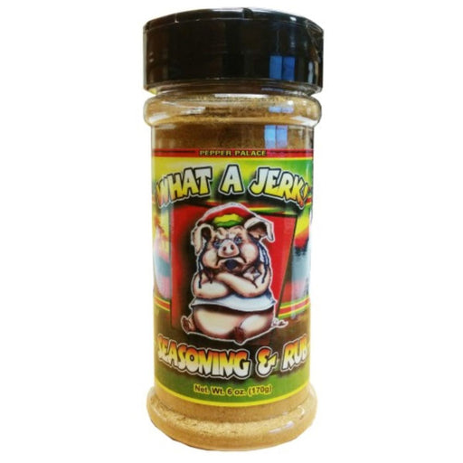 Jar of 'What A Jerk!' seasoning and rub with colorful label on a white background