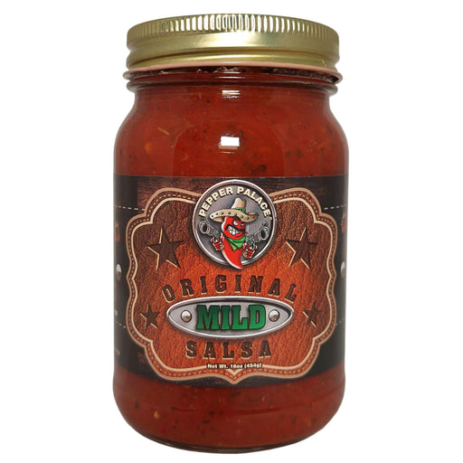 Jar of Pepper Palace Original Mild Salsa with a gold lid on a white background