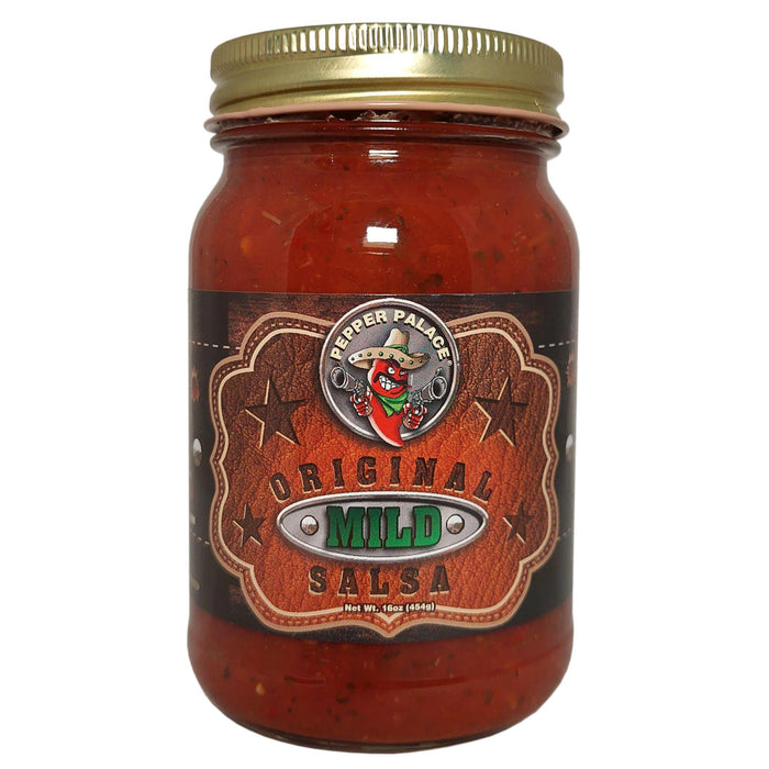 Jar of Pepper Palace Original Mild Salsa with a gold lid on a white background