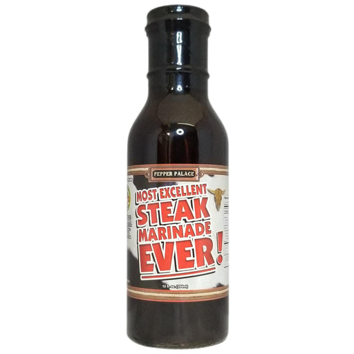 Bottle of Pepper Palace steak marinade on a white background