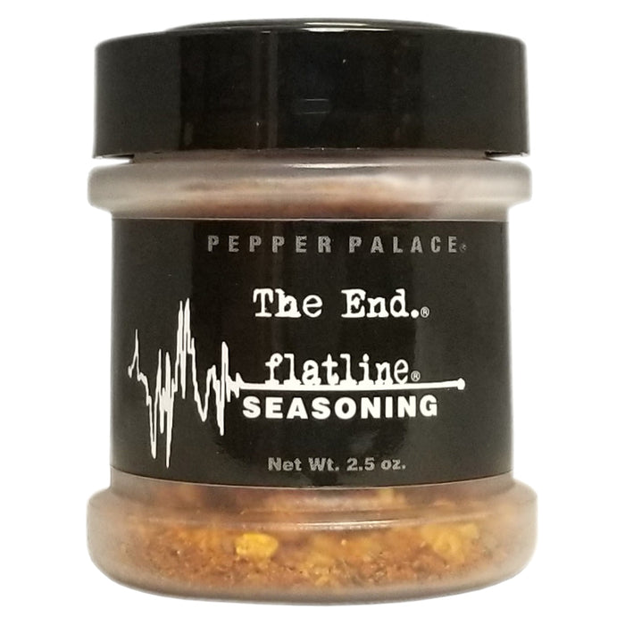 Jar of 'The End. flatline SEASONING' by Pepper Palace on a white background