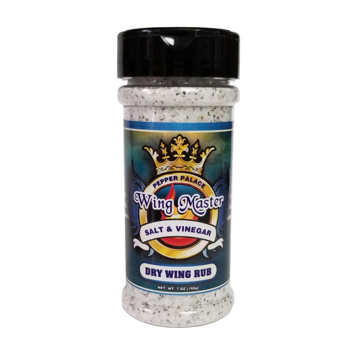 Bottle of Pepper Palace Wing Master Salt & Vinegar Dry Wing Rub on a white background