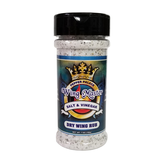 Bottle of Pepper Palace Wing Master Salt & Vinegar Dry Wing Rub on a white background