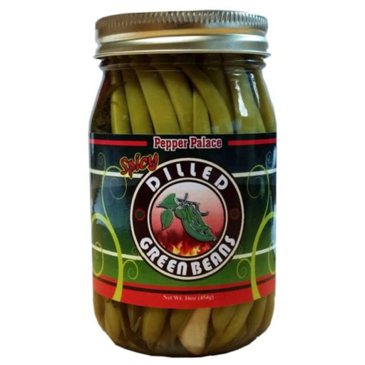 Jar of Dilled Green Beans with a colorful label on a white background