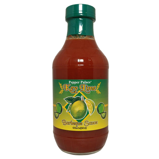 Bottle of Pepper Palace Key Lime Barbeque Sauce on a white background