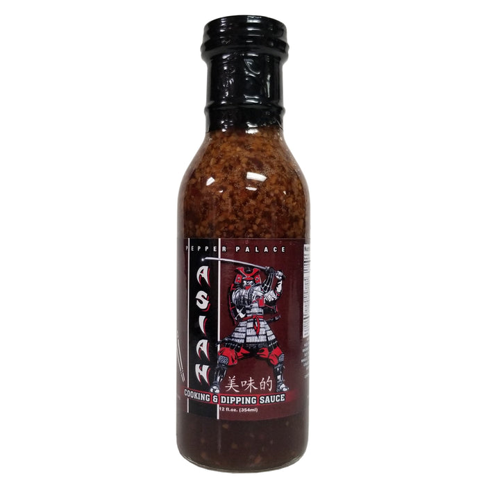 Bottle of Asian cooking and dipping sauce with a label on a white background