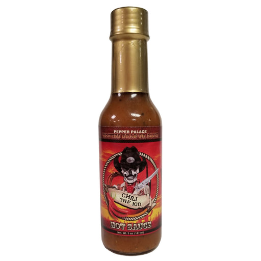 Hot sauce bottle with a red label featuring a skull and crossbones design on a white background