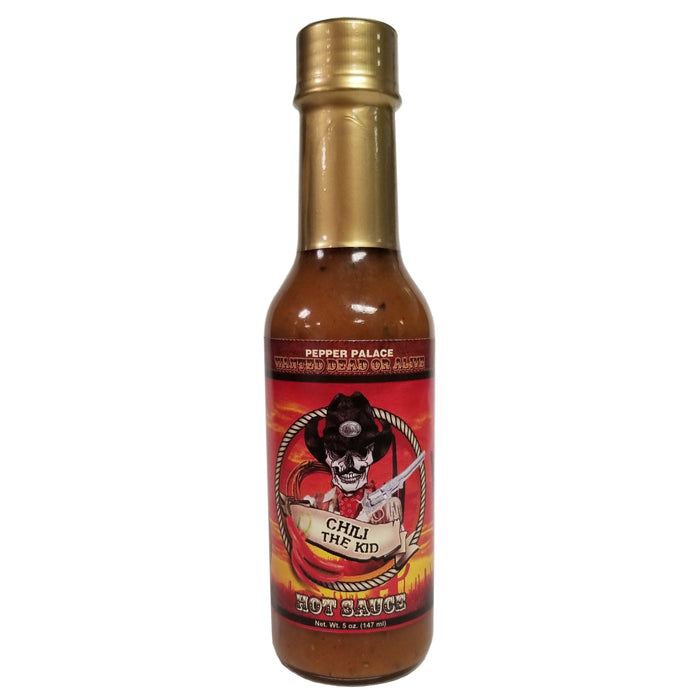 Hot sauce bottle with a red label featuring a skull and crossbones design on a white background