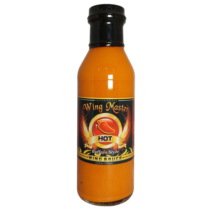 Bottle of Wing Master hot sauce on a white background