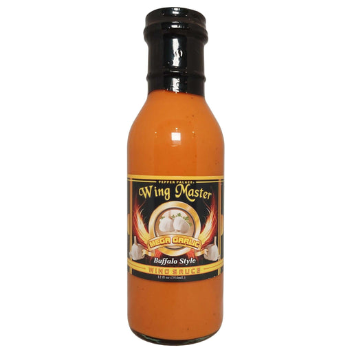 Bottle of Wing Master Mega Garlic Buffalo Style wing sauce on a white background