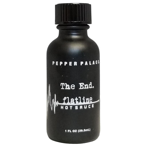 Black hot sauce bottle labeled 'The End. flatline HOT SAUCE' by Pepper Palace on a white background