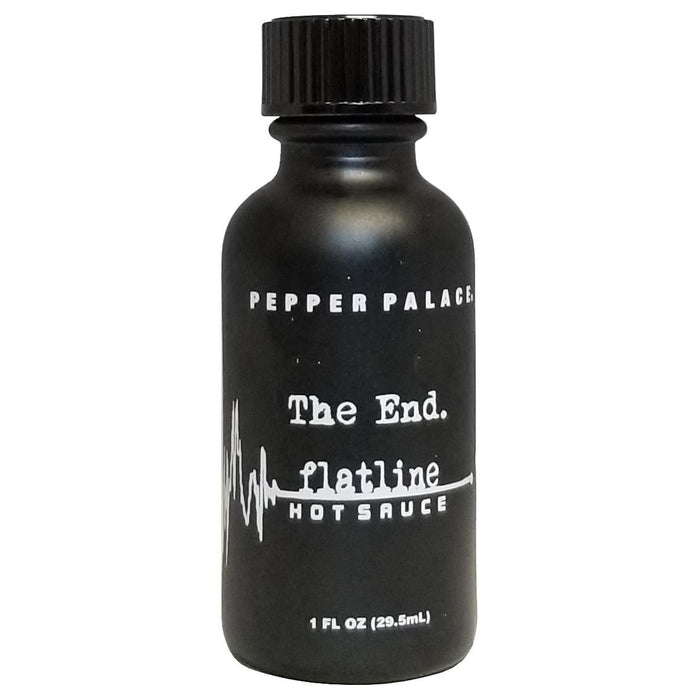 Black hot sauce bottle labeled 'The End. flatline HOT SAUCE' by Pepper Palace on a white background