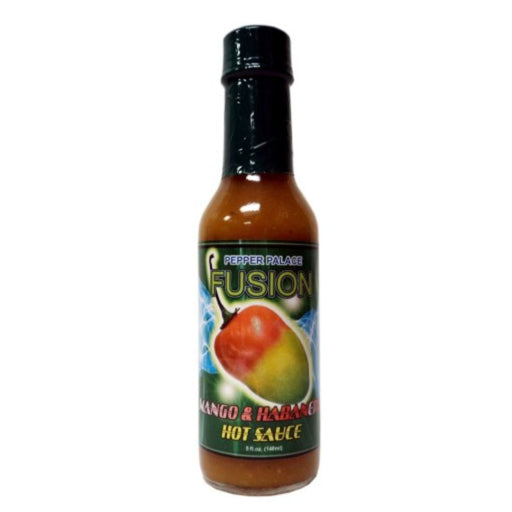 Bottle of Mango & Habanero hot sauce with a visible label on a white background