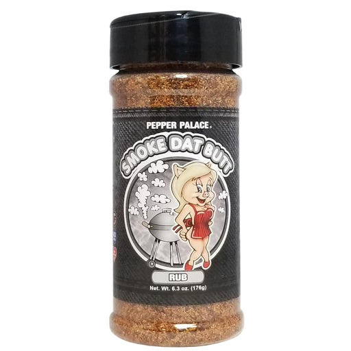 Bottle of Pepper Palace Smoke Dat Butt Rub on a white background