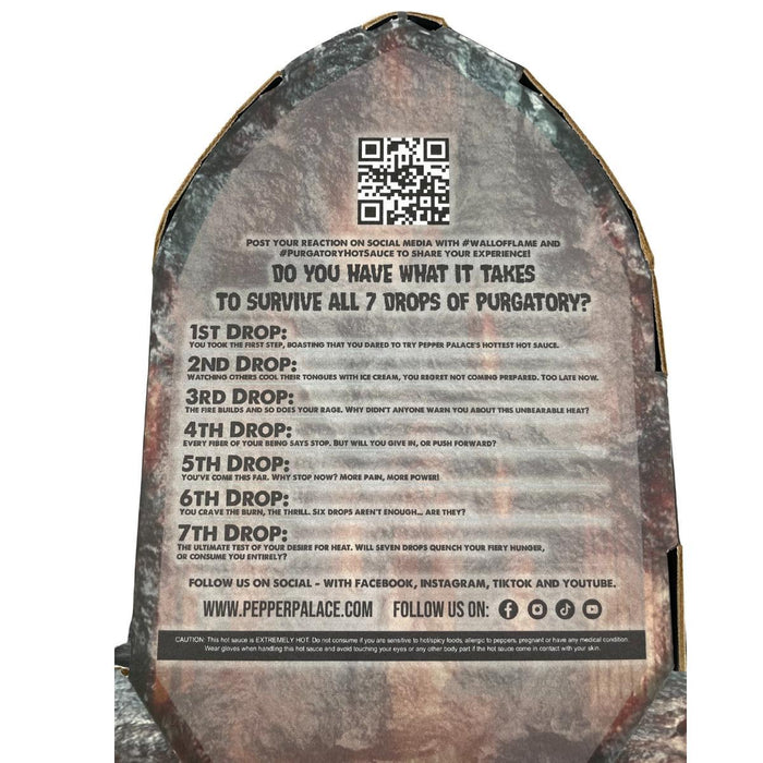 Purgatory Hot Sauce Box Back. Decorative stone with text and QR code on a white background