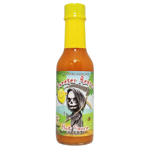 Bottle of Sweetie Reaper hot sauce with a yellow cap on a white background