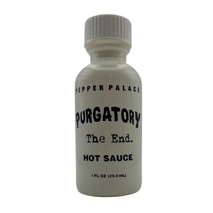 Bottle of Pepper Palace Purgatory Hot Sauce on a white background
