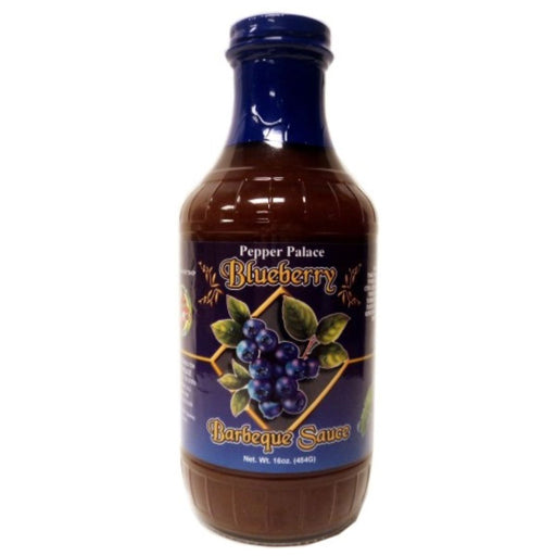 Bottle of Pepper Palace Blueberry Barbeque Sauce on a white background