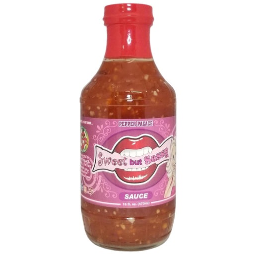 Bottle of Sweet but Sassy sauce with a pink label on a white background