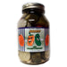 Jar of pickles with a colorful label featuring cartoon peppers on a white background