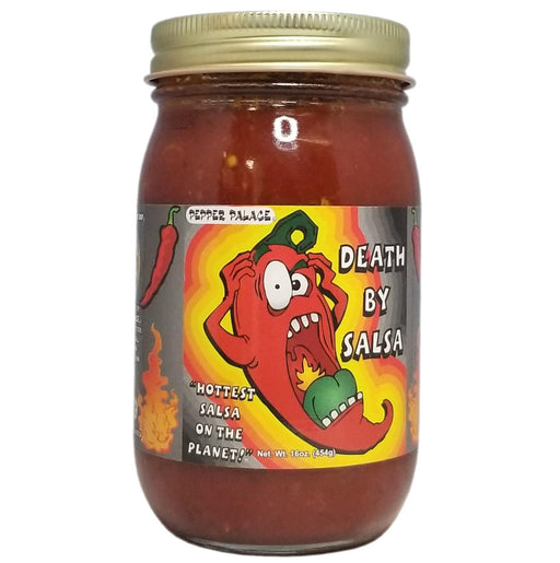 Jar of salsa with a colorful label featuring a cartoon pepper and text on a white background