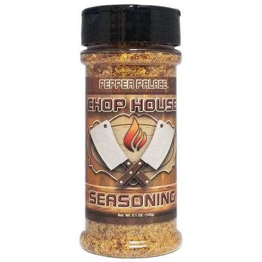 Shaker of Pepper Palace Chop House seasoning on a white background