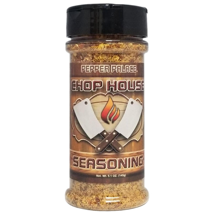 Shaker of Pepper Palace Chop House seasoning on a white background