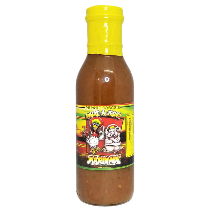 Bottle of 'What A Jerk!' marinade with a colorful label on a white background