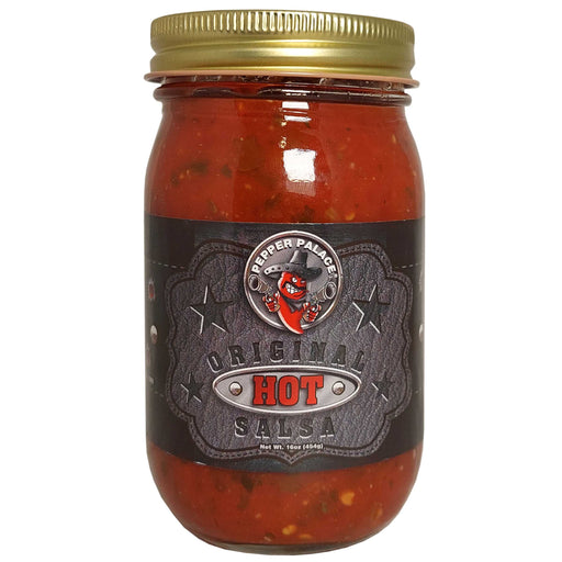Jar of Original Hot Salsa with a gold lid on a white background