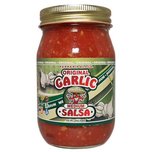 Jar of Original Garlic Medium Salsa with a gold lid on a white background