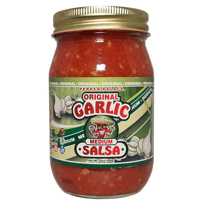 Jar of Original Garlic Medium Salsa with a gold lid on a white background