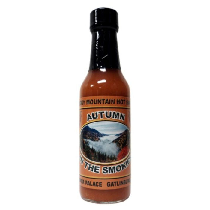 Bottle of Smoky Mountain Hot Sauce with 'Autumn' label on a white background