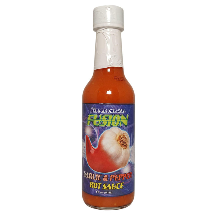 Bottle of Pepper Palace Fusion Garlic & Pepper Hot Sauce on a white background