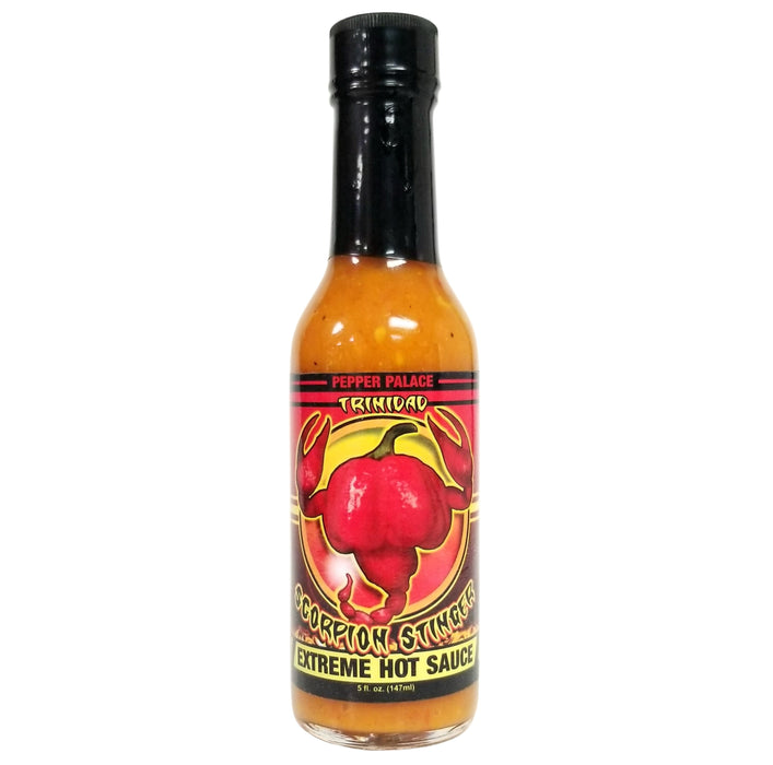 Bottle of Pepper Palace Trinidad Scorpion Extreme hot sauce on a white background