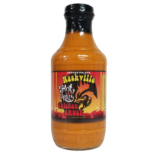 Bottle of Nashville Hot & Spicy Chicken Sauce with a colorful label on a white background