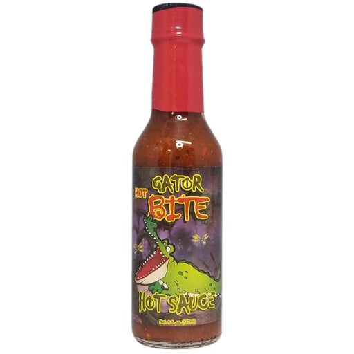 Bottle of Gator Bite hot sauce with a red cap on a white background