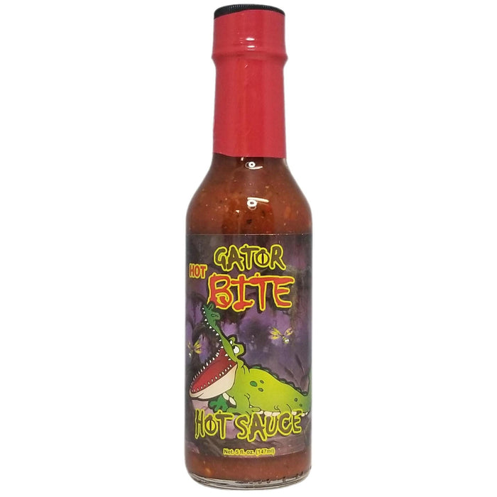 Bottle of Gator Bite hot sauce with a red cap on a white background