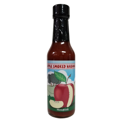 Bottle of Apple Smoked Habanero hot sauce with a colorful label on a white background