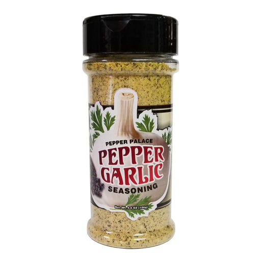 Jar of Pepper Garlic seasoning with a black lid on a white background