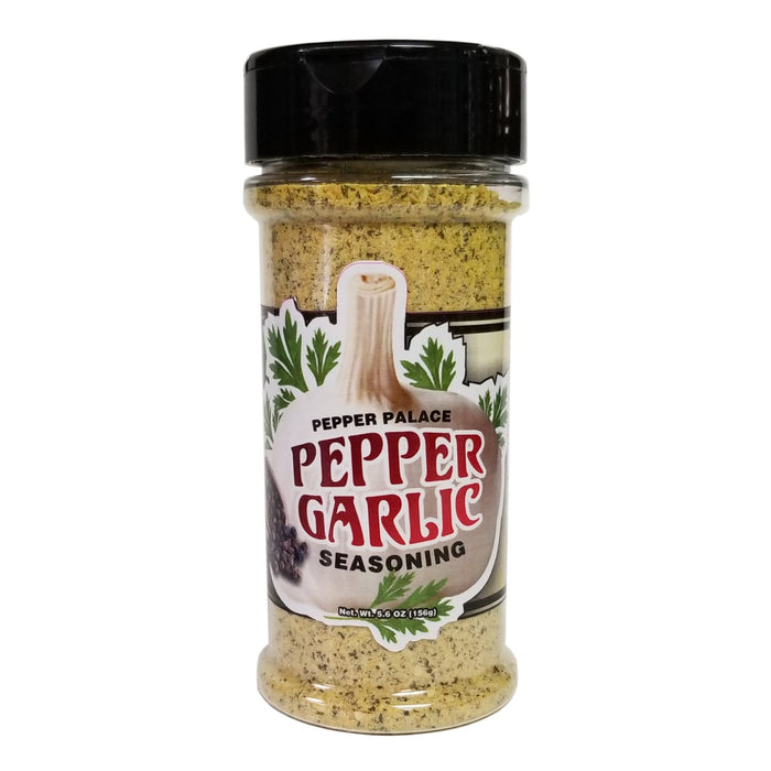 Jar of Pepper Garlic seasoning with a black lid on a white background