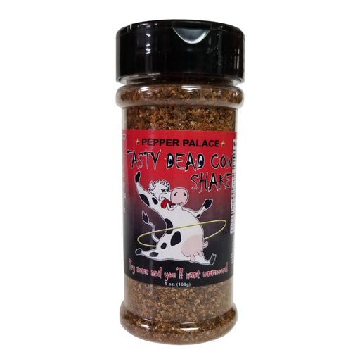 Spice jar labeled 'Tasty Dead Cow Shake' by Pepper Palace on a white background