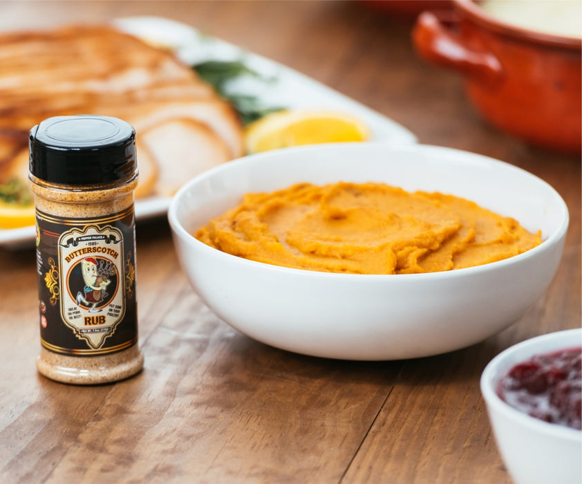 Butterscotch Rub on a table with sweet potato mashed potatoes and ham