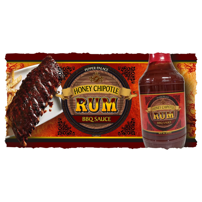 Honey Chipotle Rum BBQ with a rack of ribs and french fries