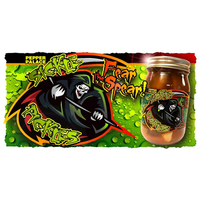 Sickle Pickles next to a reaper